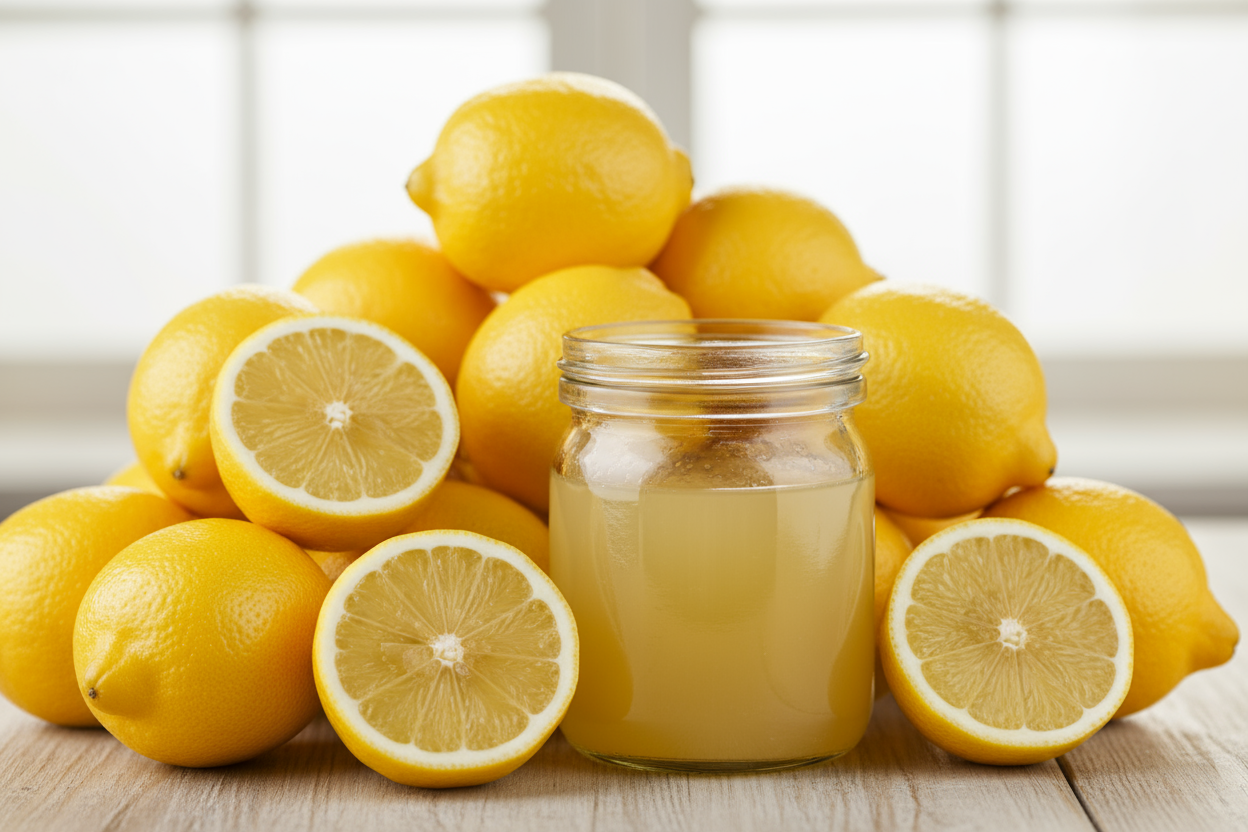 pile of lemons in front of a jar of lemon juice